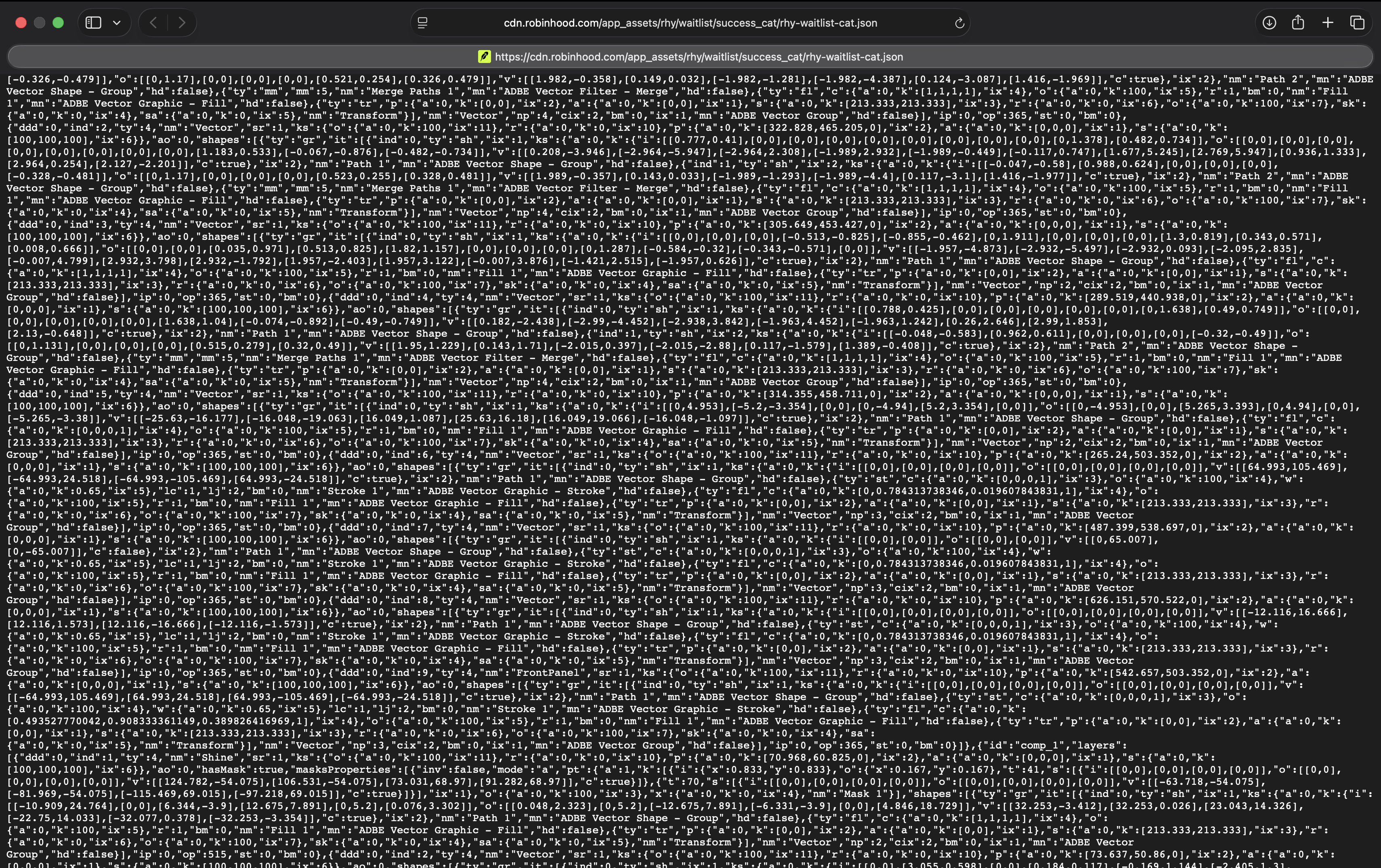 Raw JSON source code for the PURR cat animation